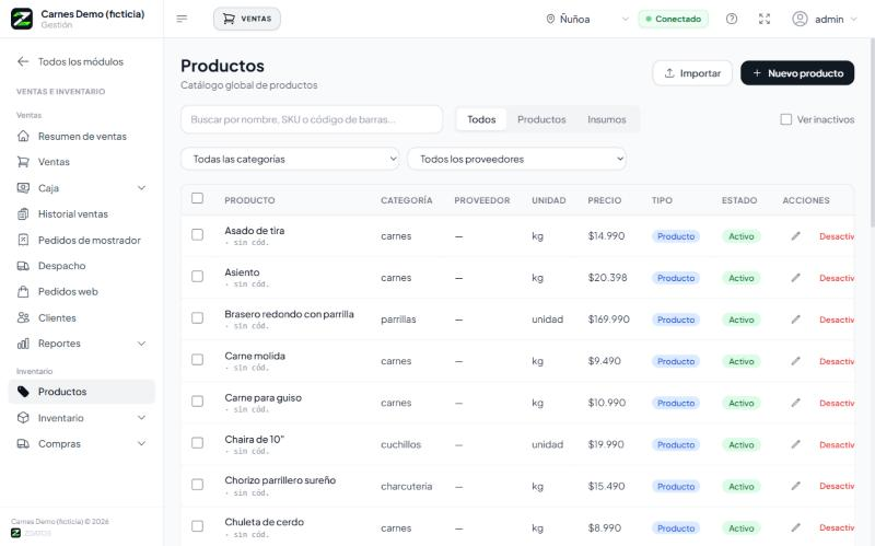 Lista de productos con categoría, unidad, precio y estado.